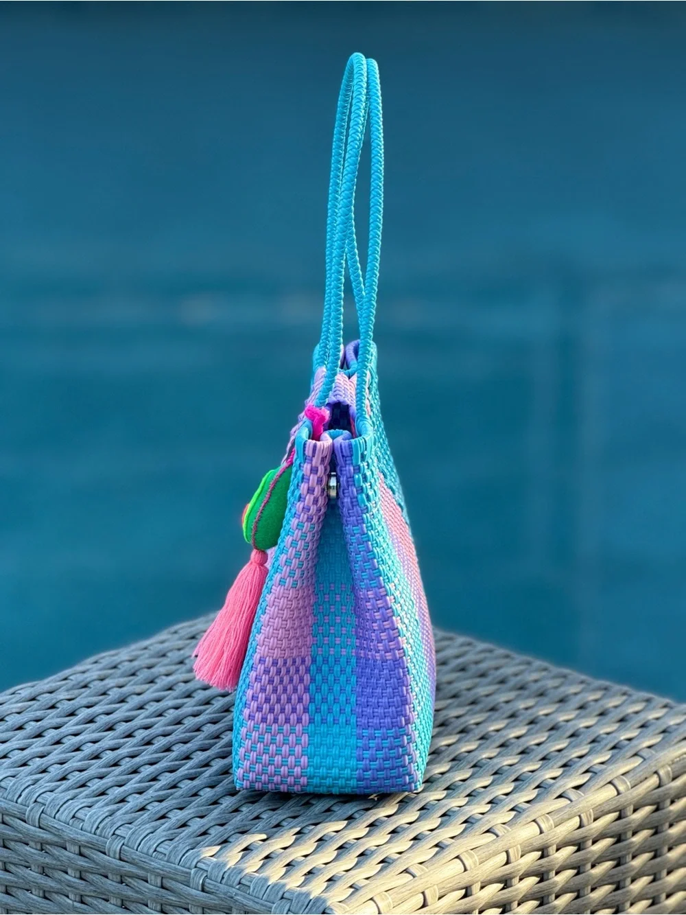 Turquoise Pink Purple Woven Tote with Tassel Charm